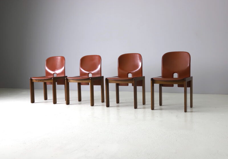 Tobia & Afra Scarpa '121' dining chairs in cognac leather and walnut for Cassina vintage Italian design 1960s 1