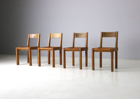 Vintage Pierre Chapo S24 dining chairs in solid elm and patinated leather France design 1960s 1