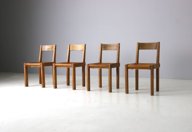 Vintage Pierre Chapo S24 dining chairs in solid elm and patinated leather France design 1960s 1