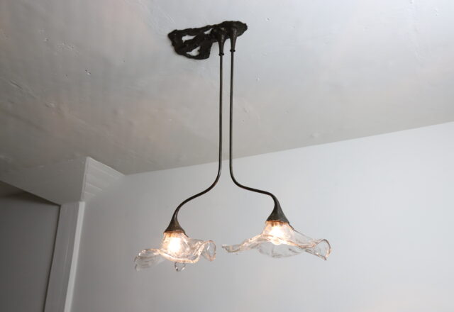 Brutalist ceiling lamp hanging lamp by Lothar Klute in patinated forged bronze and glass Germany vintage 1986 1980s 1