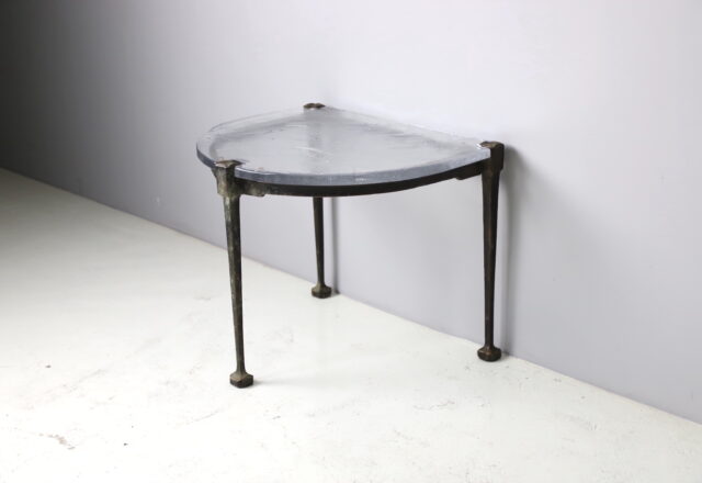 Lothar Klute vintage side table in forged bronze and hand blown glass patina Germany 1987 1980s 1