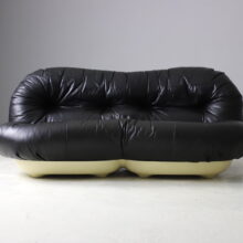 Space age seating group, sofa and lounge chair in black leather 1970s vintage French design 18