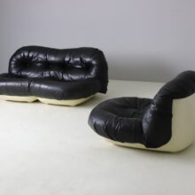 Space age seating group, sofa and lounge chair in black leather 1970s vintage French design 2