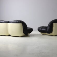 Space age seating group, sofa and lounge chair in black leather 1970s vintage French design 5