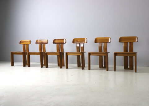 Mario Marenco set of 6 ‘Sapporo’ dining chairs for Mobil Girgi walnut cognac leather Italy 1970s vintage Italian design 1