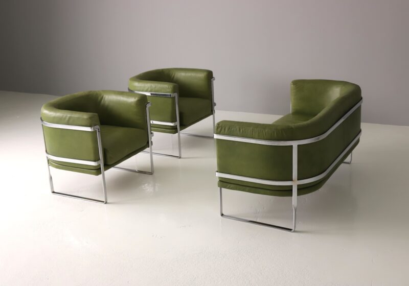 Claudio Salocchi seating group for Sormani 1970s Italian design lounge chair sofa in leather and chrome 1