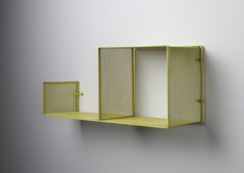 Mathieu Matégot vintage 'Escargot' wall book shelf in yellow perforated metal ca. 1955 1