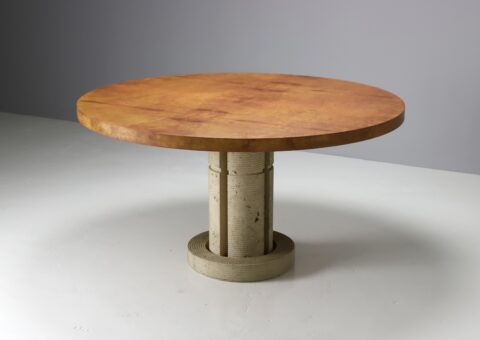 Vintage Italian dining table in burlwood and travertine in the manner of Saporiti Giovanni Offredi 1970s 1