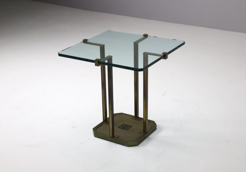 Vintage T18 side table by Peter Ghyczy in patinated brass & glass 1970s Dutch design 1