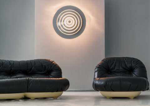 Space age seating group, sofa and lounge chair in black leather 1970s vintage French design 1