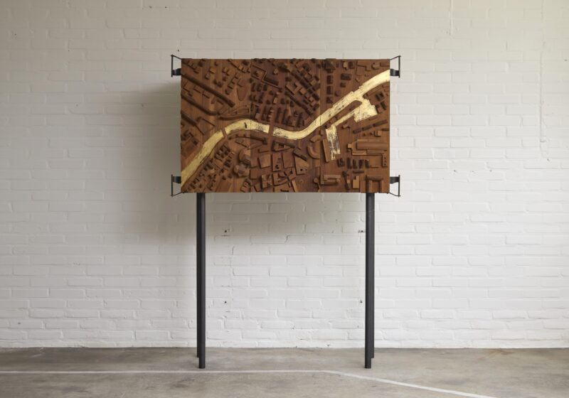 Unique 1970's Italian bar cabinet in walnut and gold leaf with city maquette 1