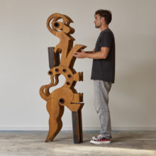 Mario Giovanetti large abstract sculpture in oak and metal Italy ca.1970 3
