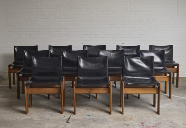 Set of 12 Monk chairs by Afra Scarpa & Tobia Scarpa for Molteni 1970s black leather & walnut 1