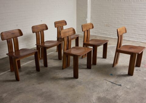Set of 6 Mario Marenco 'Sapporo’ dining chairs for Mobil Girgi in walnut and cognac leather 1970s vintage Italian design 1