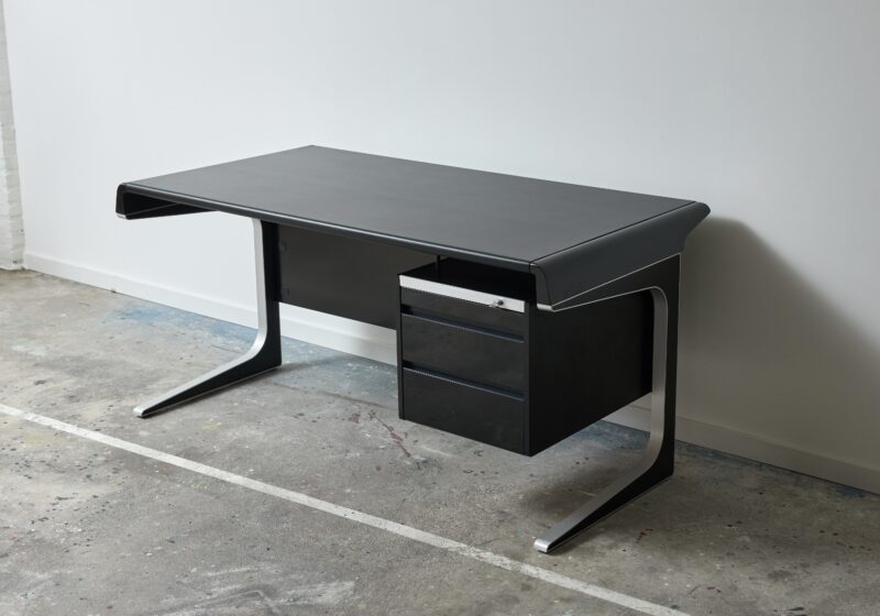 Alex Linder writing desk leather top aluminum legs 1970s Denmark Space Age 1