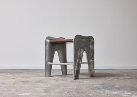 Rocco Dubbini surrealist design stool in cast aluminum and leather for Dubbini & Studio Italy 1990 2000s 6